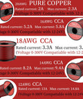 Image of 18 Gauge Wire 120Ft 2 Conductor Red And Black Hook Up Cable Flexible Low Voltage For 12V LED Strips Car Marine Landscape Speaker Auto Use Great For Automotive Wiring Boats RV Marine Electronics Landscape Lighting DIY Projects And Sound System Wiring on spool alongside different wire gauges with specifications.