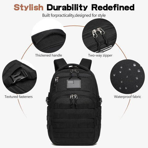 Durable Military Style Tactical Backpack For Men 30L 20 Inch Assault Pack In Black With MOLLE System Tough As Nails 900D Fabric