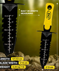 Heavy Duty Metal Detecting Shovel Tool With Double Serrated Edge Digger, shown with measurements and yellow handle.