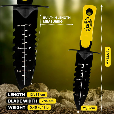 Heavy Duty Metal Detecting Shovel Tool With Double Serrated Edge Digger, shown with measurements and yellow handle.