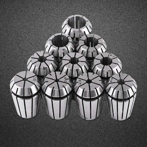 High Precision ER20 Spring Steel Collet Set, 10 Pieces CNC Milling Lathe Tools arranged in a pyramid, showing multiple sizes.