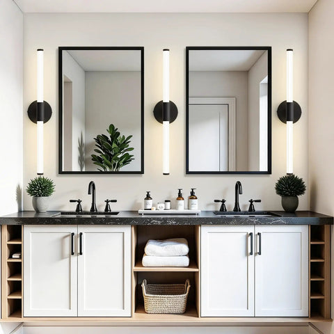Modern bathroom with double mirrors, featuring Dimmable LED Vanity Light Bar For Bathroom, 360 Degree Full Illumination Over Mirror Sconce