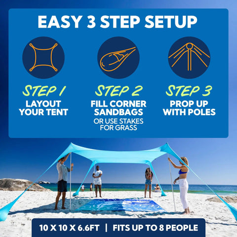 Beach Tent Sun Shelter UPF50 Plus Easy Pop Up Canopy for Beach Camping Fishing And Park Picnics with stability poles setup steps