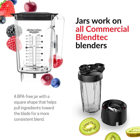 90 Oz WildSide Replacement Blender Jar for Commercial Use shown with berries and kiwi, five-sided wide base design, clear container.