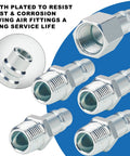 Beefy High Flow Half Inch Air Hose Fittings Set With Four Male IM Industrial NPT Plugs And One Female Air Plug In Solid Steel
