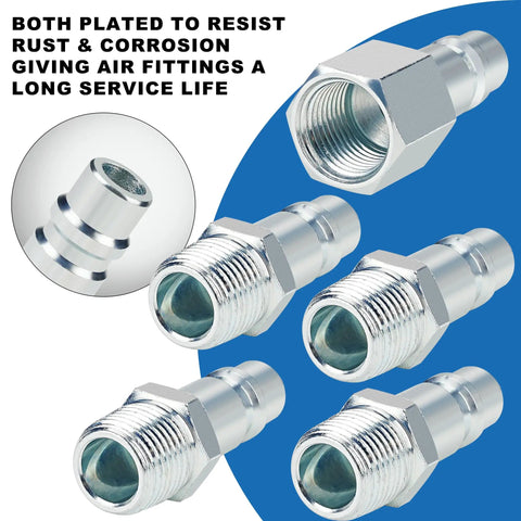 Beefy High Flow Half Inch Air Hose Fittings Set With Four Male IM Industrial NPT Plugs And One Female Air Plug In Solid Steel