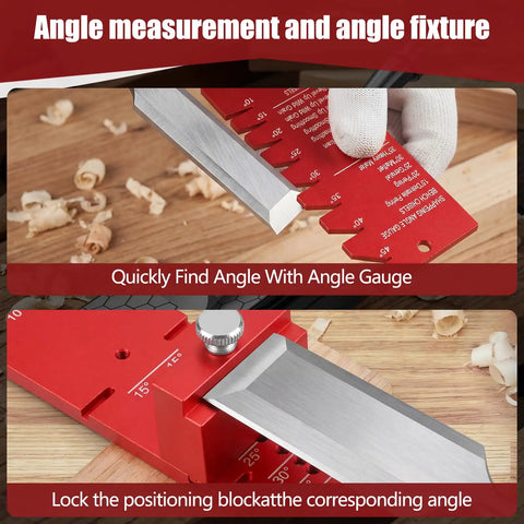 Angle measuring fixture of Badass Chisel Sharpener And Honing Guide with adjustable angle gauge for precise bevels.