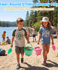 Kids playing with 3 Piece Collapsible Beach Bucket Set With Shovels Foldable Sand Toys For Kids Travel Beach Gear Outdoor Summer Fun Camping And Vacation Essentials Purple Pink And Blue on sandy beach.