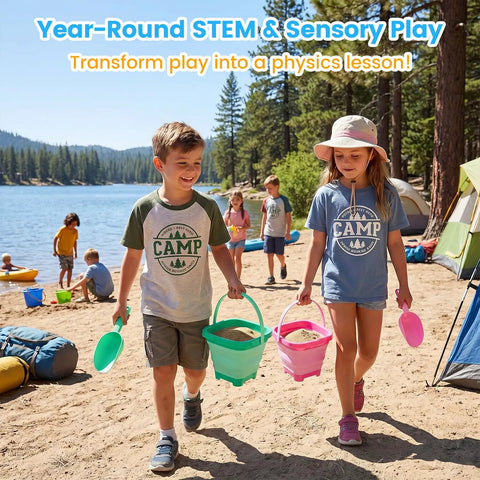 Kids playing with 3 Piece Collapsible Beach Bucket Set With Shovels Foldable Sand Toys For Kids Travel Beach Gear Outdoor Summer Fun Camping And Vacation Essentials Purple Pink And Blue on sandy beach.