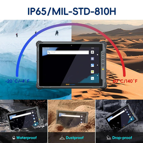 Hardened 10.1 Inch Rugged Tablet With Android 14 And 4G LTE, showcasing IP65 and MIL-STD 810H durability against water, dust, and drops.