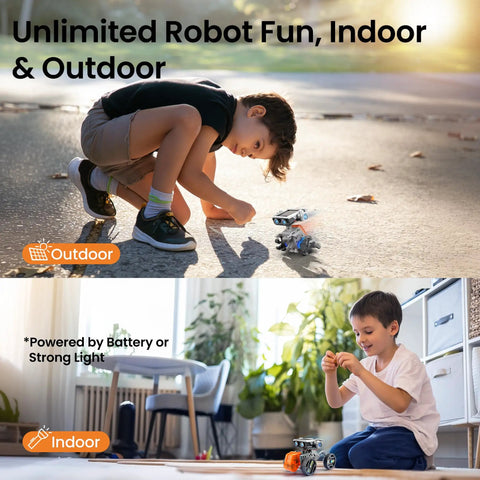Children playing with the Solar Robot Building Kit For Kids 8-13 DIY STEM Toy With 15-In-1 Educational Robotics, outdoors and indoors.