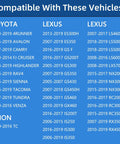 Compatibility chart for Toyota, Lexus, and Scion vehicles including models like Camry, Avalon, 4Runner, and Tacoma.