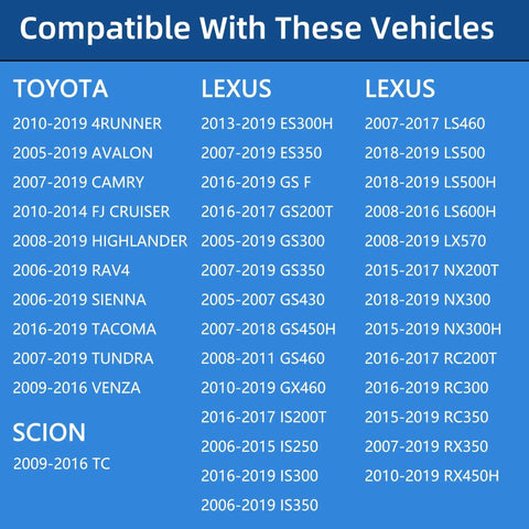 Compatibility chart for Toyota, Lexus, and Scion vehicles including models like Camry, Avalon, 4Runner, and Tacoma.