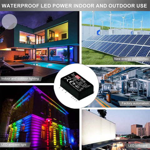 Waterproof LED power for indoor and outdoor use with compact design, suitable for multiple applications in lighting and automation.