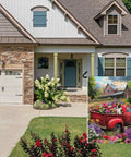 Welcome Spring Summer Red Truck Garden Flag with Papillon, flowers on a farmhouse backdrop, porch display, 28x40 linen.
