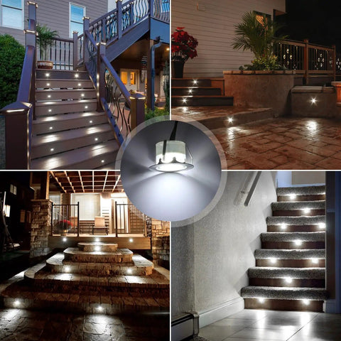 Outdoor Low Voltage Deck Lights 20 Piece Set Stainless Steel Waterproof Landscape Pathway Patio Step Lamps Cool White With Silver Border illuminating stairs and pathways in various settings for a bright night glow.