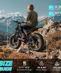 Person riding Powerful 1500W Peak Fat Tire Electric Bike For Adults With 20X4 Inch All Terrain Tires on mountain trail.