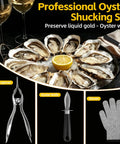 Stainless Steel Handheld Oyster Shucking Kit With Pro Grade Shucker Two Oyster Shucking Knives And Cut Resistant Gloves For Safe Fast And Effortless Oyster Prep At Home shown with oysters, lemon, and tools.