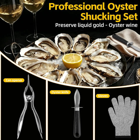 Stainless Steel Handheld Oyster Shucking Kit With Pro Grade Shucker Two Oyster Shucking Knives And Cut Resistant Gloves For Safe Fast And Effortless Oyster Prep At Home shown with oysters, lemon, and tools.