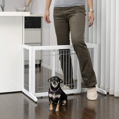 Freestanding Pet Gate for Doorways and Hallways, Small to Medium Pets, Origami White, No Install Self Supporting Gate shown with dog