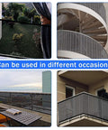 Stairway Net Baby Safety Rail Banister Guard 15 Ft By 2.6 Ft shown in various uses on balconies and staircases