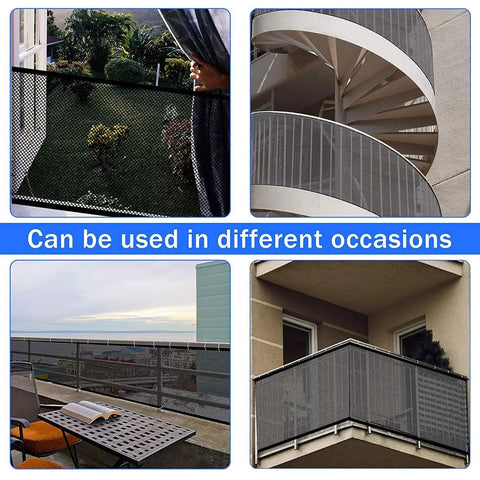 Stairway Net Baby Safety Rail Banister Guard 15 Ft By 2.6 Ft shown in various uses on balconies and staircases