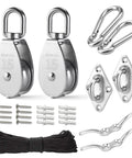 Beefy Heavy Duty Stainless Steel Pulley System Kit 2 Pack with nylon rope, hooks, eye pad plates, and rope cleat for lifting DIY projects.
