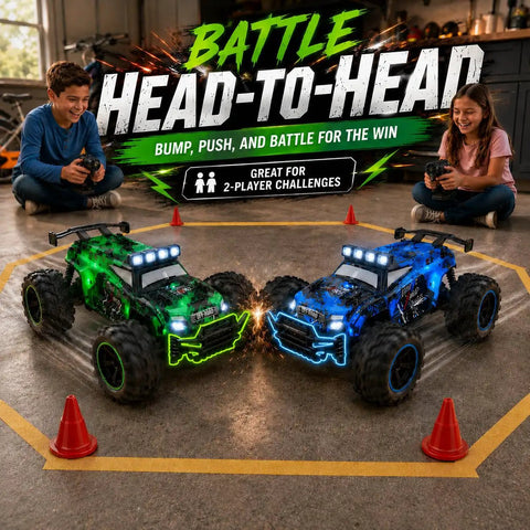 Kids playing with Dope 2.4GHz 1:18 RC Car For Beginners With LED Lights, 2-Speed Remote Control Truck, 2WD Off Road Toy