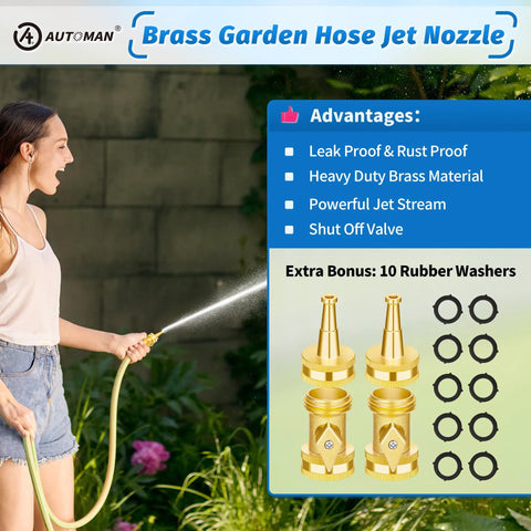 Woman using Heavy Duty Brass Hose Nozzle Set With Shutoff Valves And Jet Nozzles, High Pressure Water Sprayer For Garden And Car Wash