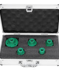 Top Tier Brazed Hole Saw Set With 5 Core Drill Bits Perfect For Marble Tile And Glass Work Comes With A Rugged Aluminum Storage Box To Keep Your Tools Safe And Organized On Any Jobsite Project. Open aluminum case with five green brazed core drill bits on foam insert.