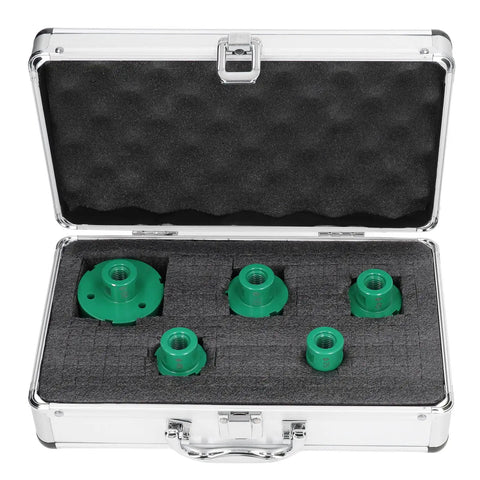 Top Tier Brazed Hole Saw Set With 5 Core Drill Bits Perfect For Marble Tile And Glass Work Comes With A Rugged Aluminum Storage Box To Keep Your Tools Safe And Organized On Any Jobsite Project. Open aluminum case with five green brazed core drill bits on foam insert.