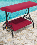 Three Seat Outdoor Porch Swing With Adjustable Canopy And Convertible Bed Stand Thick Cushions And Deep Cup Holders Weather Resistant Steel Frame For Backyard Vibes Garden Or Porch Red, by pool on stone patio.