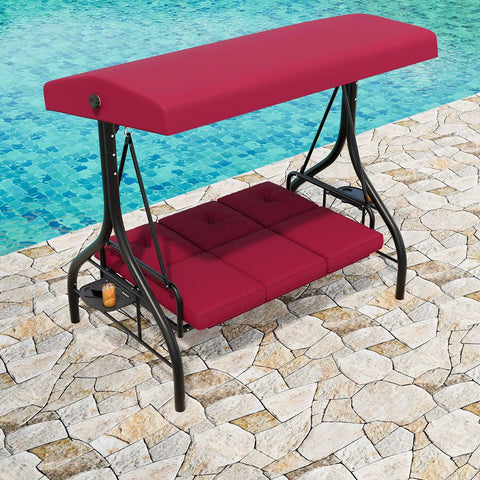 Three Seat Outdoor Porch Swing With Adjustable Canopy And Convertible Bed Stand Thick Cushions And Deep Cup Holders Weather Resistant Steel Frame For Backyard Vibes Garden Or Porch Red, by pool on stone patio.
