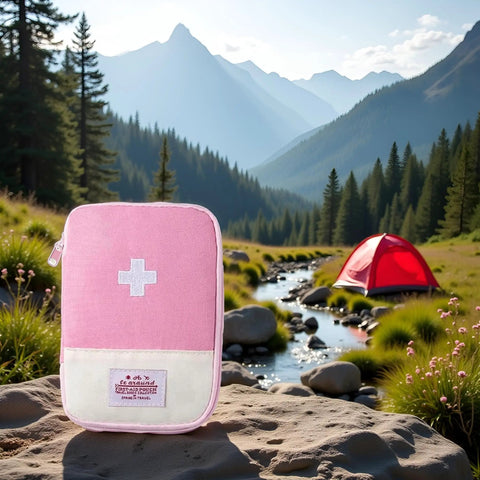 Pink Small First Aid Bag Empty Portable Medical Kit For Outdoor Camping Hiking Travel Emergency Pouch With Compartments Lightweight Mini First Aid Organizer Must Have in front of a tent and stream in a forested mountain landscape.
