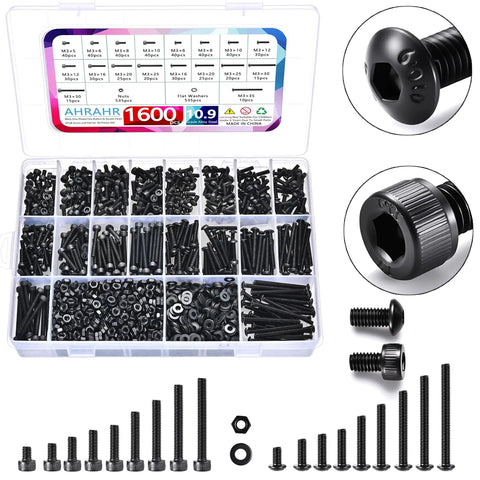 Complete M3 Hex Socket Screws Kit 12.9 Grade Alloy Steel Button Head and Cap Head Bolts with Nuts and Washers 1600 Pieces