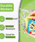 Front view of premium printable vinyl sticker paper packaging; shows waterproof, scratch-resistant, outdoors icons.