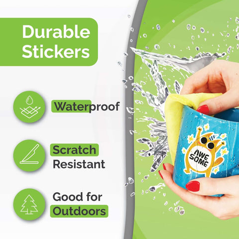Front view of premium printable vinyl sticker paper packaging; shows waterproof, scratch-resistant, outdoors icons.