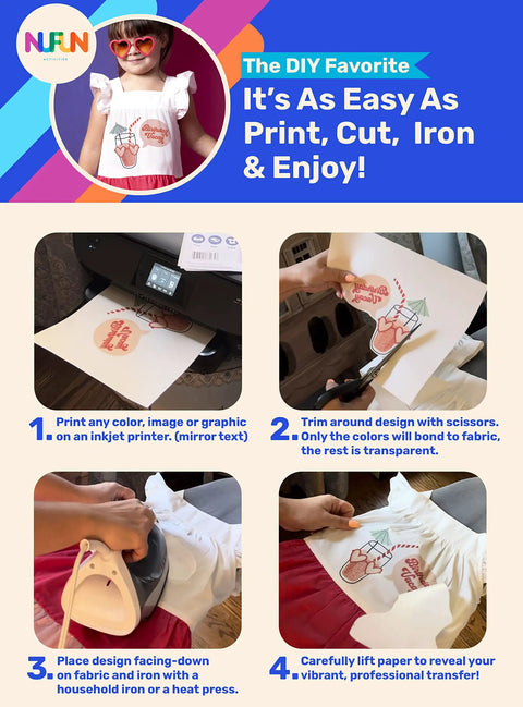 Step-by-step guide for using Ink Jet Printable Iron On Transfer Paper For T Shirts And Light Fabrics, 10 Sheets 8.5 X 11 Inches