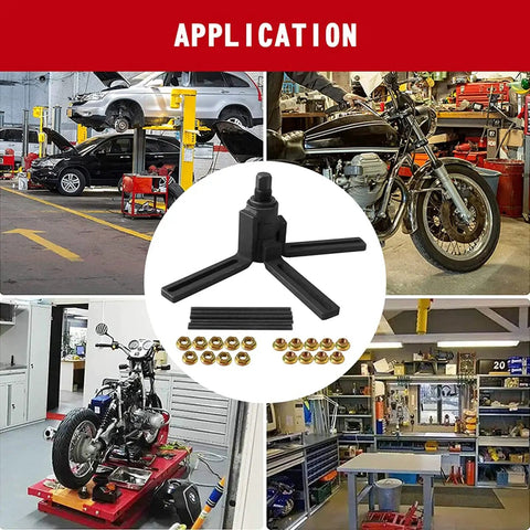 Crankcase Splitter Gearhead Tool With 360 Degree Adjustable Arms for engines shown in automotive and motorcycle garage