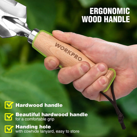 Garden Trowel With Wood Handle Stainless Steel Narrow Flat Shovel ergonomic handle and blade edge in hand