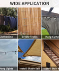 Image showing various uses for Shade Sail Hardware Kit With Vinyl Coated Aircraft Cable 48 Ft Total, 12 Ft Sections, 6 Inch Hanging Kit For Outdoor Shade Sails Curtains And String Lights, No Fuss Install Includes Turnbuckles Carabiners Pad Eyes Anchors: clothesline, trellis, curtain, lights, shade sail, stair rail.