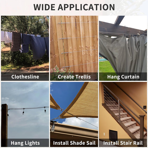 Image showing various uses for Shade Sail Hardware Kit With Vinyl Coated Aircraft Cable 48 Ft Total, 12 Ft Sections, 6 Inch Hanging Kit For Outdoor Shade Sails Curtains And String Lights, No Fuss Install Includes Turnbuckles Carabiners Pad Eyes Anchors: clothesline, trellis, curtain, lights, shade sail, stair rail.