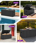 Outdoor Deck Box 120 Gallon Waterproof Lockable Storage Container With Lid For Patio Cushions, Pool Accessories And Garden Tools Weatherproof Gray Resin Box With Galvanized Steel Reinforced Lid displayed in various outdoor settings.