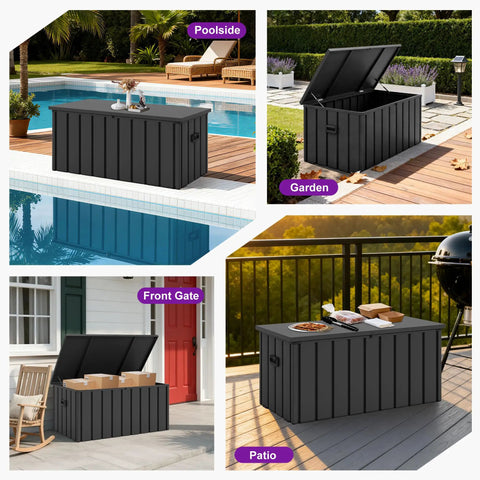 Outdoor Deck Box 120 Gallon Waterproof Lockable Storage Container With Lid For Patio Cushions, Pool Accessories And Garden Tools Weatherproof Gray Resin Box With Galvanized Steel Reinforced Lid displayed in various outdoor settings.