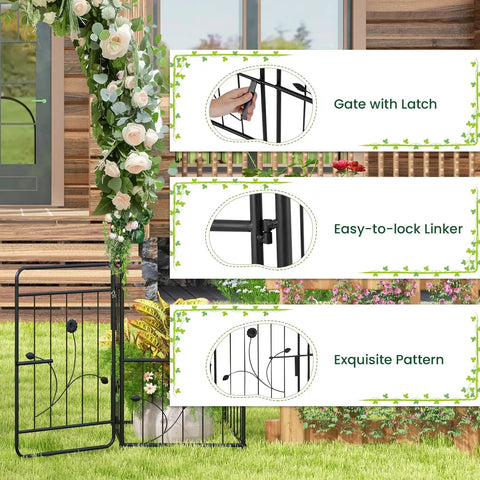 3 In 1 Garden Arch With Lockable Gate And Side Planters, 86 Inch Metal Arbor Trellis For Climbing Plants, Elegant Outdoor Archway, Black