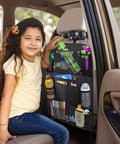 Child using Backseat Organizer With 10 Inch Table Holder And Nine Storage Pockets Seat Back Protectors For Kids And Toddlers Kid Approved Car Travel Gear Durable Waterproof 2 Pack.
