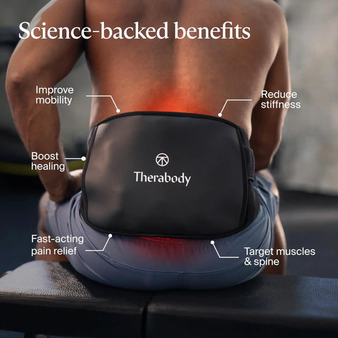 Back view of person wearing Four In One Back Wrap With Heat, Far Infrared, Vibration, And LED Therapy for lower back pain relief.