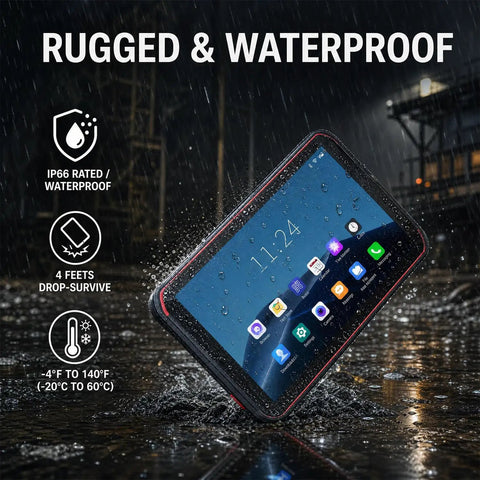 Badass Rugged Android Tablet With Integrated Honeywell N6703 Scanner Featuring Solid 8 Inch Display waterproof in rain.