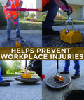 Heavy Duty Steel Manhole Cover Lifter Cart With Magnetic Skid Rollers And 27 Inch All Terrain Wheels in use lifting a manhole cover.