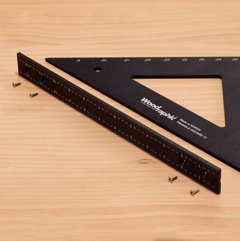 Pro Grade 12 Inch Carpenters Square CNC Aluminum Right Angle Layout and Marking Tool on wooden surface